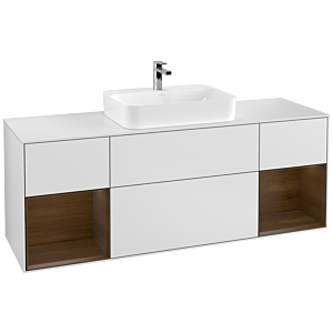 Villeroy und Boch Finion Waschtischunterschrank G451GNMT 160cm, Abdeckplatte white matt, Emotion, Regale Walnut veneer, White matt lacquer
