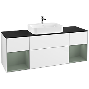 Villeroy und Boch Finion Waschtischunterschrank G452GMGF 160cm, Abdeckplatte black matt, Emotion, Regale Olive matt lacquer, Glossy white lacquer