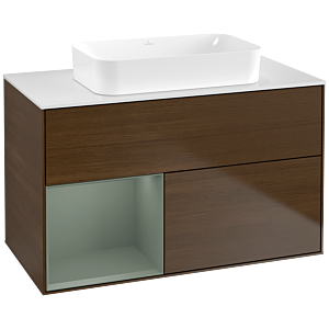 Villeroy und Boch Finion Waschtischunterschrank G651GMGN 100x60,3x50,1cm, Regal links Olive Matt Lacquer, Walnut veneer
