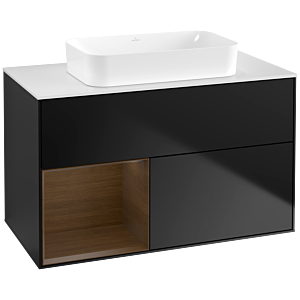 Villeroy und Boch Finion Waschtischunterschrank G651GNPD 100x60,3x50,1cm, Regal links Walnut veneer, Black matt lacquer