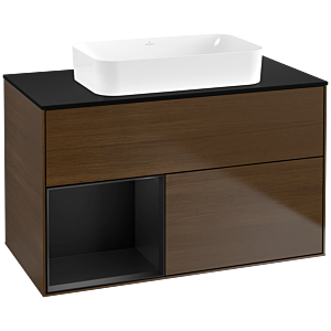 Villeroy und Boch Finion Waschtischunterschrank G652PDGN 100x60,3x50,1cm, Regal links Black matt lacquer, Walnut veneer