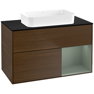 Villeroy und Boch Finion Waschtischunterschrank G662GMGN 100x60,3x50,1cm, Regal rechts Olive Matt Lacquer, Walnut veneer