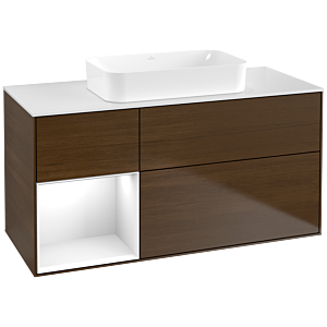Villeroy und Boch Finion Waschtischunterschrank G701GFGN 120x60,3x50,1cm, Regal rechts Glossy white lacquer, Walnut veneer