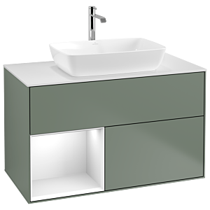 Villeroy und Boch Finion Waschtischunterschrank G771GFGM 100cm, Abdeckplatte white matt, Emotion, Regale Glossy white lacquer, Olive Matt Lacquer