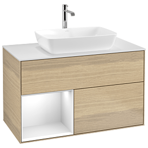 Villeroy und Boch Finion Waschtischunterschrank G771GFPC 100cm, Abdeckplatte white matt, Emotion, Regale Glossy white lacquer, Oak Veneer