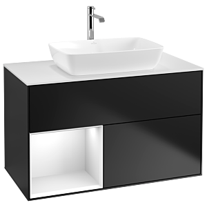 Villeroy und Boch Finion Waschtischunterschrank G771GFPD 100cm, Abdeckplatte white matt, Emotion, Regale Glossy white lacquer, Black matt lacquer