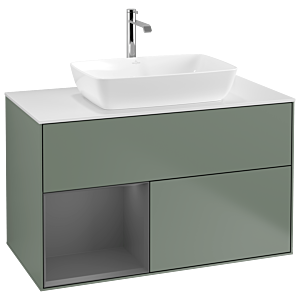 Villeroy und Boch Finion Waschtischunterschrank G771GKGM 100cm, Abdeckplatte white matt, Emotion, Regale Anthracite matt lacquer, Olive Matt Lacquer