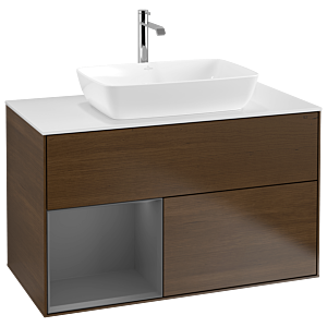 Villeroy und Boch Finion Waschtischunterschrank G771GKGN 100cm, Abdeckplatte white matt, Emotion, Regale Anthracite matt lacquer, Walnut veneer