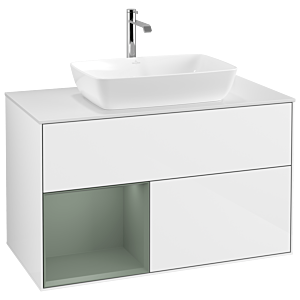 Villeroy und Boch Finion Waschtischunterschrank G771GMGF 100cm, Abdeckplatte white matt, Emotion, Regale Olive matt lacquer, Glossy white lacquer