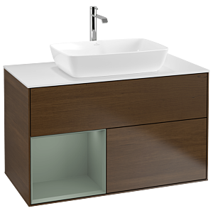 Villeroy und Boch Finion Waschtischunterschrank G771GMGN 100cm, Abdeckplatte white matt, Emotion, Regale Olive matt lacquer, Walnut veneer