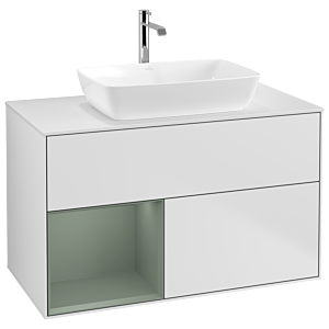 Villeroy und Boch Finion Waschtischunterschrank G771GMMT 100cm, Abdeckplatte white matt, Emotion, Regale Olive matt lacquer, White matt lacquer