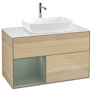 Villeroy und Boch Finion Waschtischunterschrank G771GMPC 100cm, Abdeckplatte white matt, Emotion, Regale Olive matt lacquer, Oak Veneer