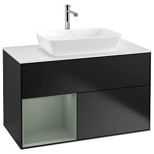 Villeroy und Boch Finion Waschtischunterschrank G771GMPD 100cm, Abdeckplatte white matt, Emotion, Regale Olive matt lacquer, Black matt lacquer