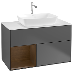 Villeroy und Boch Finion Waschtischunterschrank G771GNGK 100cm, Abdeckplatte white matt, Emotion, Regale Walnut Veneer, Anthracite matt