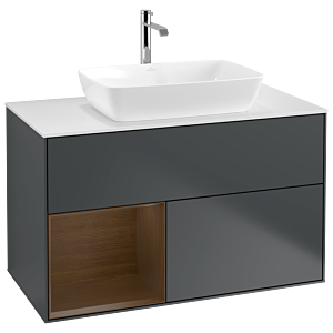Villeroy und Boch Finion Waschtischunterschrank G771GNHG 100cm, Abdeckplatte white matt, Emotion, Regale Walnut Veneer, Midnight Blue Matt Lacquer