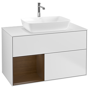 Villeroy und Boch Finion Waschtischunterschrank G771GNMT 100cm, Abdeckplatte white matt, Emotion, Regale Walnut Veneer, White matt lacquer