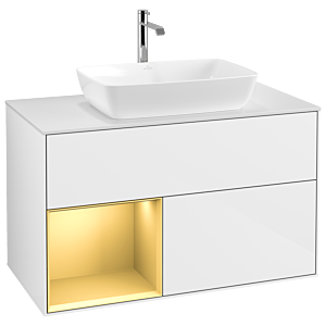 Villeroy und Boch Finion Waschtischunterschrank G771HFGF 100cm, Abdeckplatte white matt, Emotion, Regale Gold matt lacquer, Glossy white lacquer