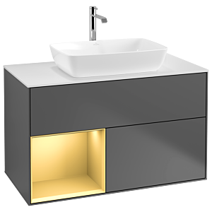 Villeroy und Boch Finion Waschtischunterschrank G771HFGK 100cm, Abdeckplatte white matt, Emotion, Regale Gold matt lacquer, Anthracite matt