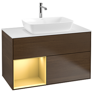 Villeroy und Boch Finion Waschtischunterschrank G771HFGN 100cm, Abdeckplatte white matt, Emotion, Regale Gold matt lacquer, Walnut veneer