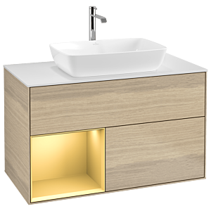 Villeroy und Boch Finion Waschtischunterschrank G771HFPC 100cm, Abdeckplatte white matt, Emotion, Regale Gold matt lacquer, Oak Veneer