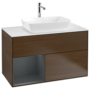 Villeroy und Boch Finion Waschtischunterschrank G771HGGN 100cm, Abdeckplatte white matt, Emotion, Regale Midnight matt lacquer, Walnut veneer