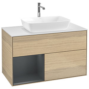 Villeroy und Boch Finion Waschtischunterschrank G771HGPC 100cm, Abdeckplatte white matt, Emotion, Regale Midnight matt lacquer, Oak Veneer