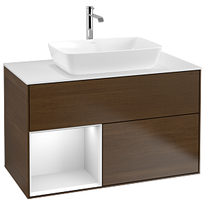 Villeroy und Boch Finion Waschtischunterschrank G771MTGN 100cm, Abdeckplatte white matt, Emotion, Regale White matt lacquer, Walnut veneer