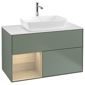 Villeroy und Boch Finion Waschtischunterschrank G771PCGM 100cm, Abdeckplatte white matt, Emotion, Regale Oak Veneer, Olive Matt Lacquer