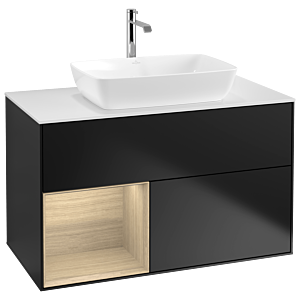 Villeroy und Boch Finion Waschtischunterschrank G771PCPD 100cm, Abdeckplatte white matt, Emotion, Regale Oak Veneer, Black matt lacquer