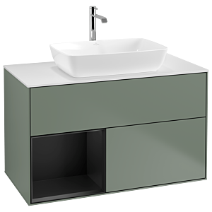 Villeroy und Boch Finion Waschtischunterschrank G771PDGM 100cm, Abdeckplatte white matt, Emotion, Regale Black matt lacquer, Olive Matt Lacquer