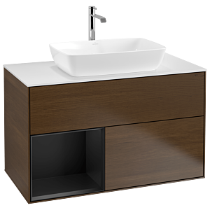 Villeroy und Boch Finion Waschtischunterschrank G771PDGN 100cm, Abdeckplatte white matt, Emotion, Regale Black matt lacquer, Walnut veneer