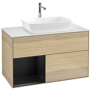 Villeroy und Boch Finion Waschtischunterschrank G771PDPC 100cm, Abdeckplatte white matt, Emotion, Regale Black matt lacquer, Oak Veneer
