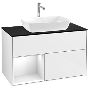 Villeroy und Boch Finion Waschtischunterschrank G772GFGF 100cm, Abdeckplatte black matt, Emotion, Regale Glossy white lacquer, Glossy white lacquer