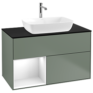 Villeroy und Boch Finion Waschtischunterschrank G772GFGM 100cm, Abdeckplatte black matt, Emotion, Regale Glossy white lacquer, Olive Matt Lacquer
