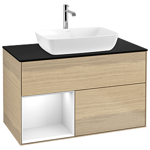 Villeroy und Boch Finion Waschtischunterschrank G772GFPC 100cm, Abdeckplatte black matt, Emotion, Regale Glossy white lacquer, Oak Veneer