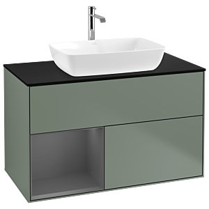 Villeroy und Boch Finion Waschtischunterschrank G772GKGM 100cm, Abdeckplatte black matt, Emotion, Regale Anthracite matt lacquer, Olive Matt Lacquer