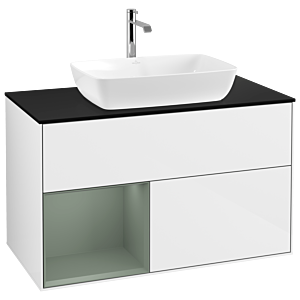 Villeroy und Boch Finion Waschtischunterschrank G772GMGF 100cm, Abdeckplatte black matt, Emotion, Regale Olive matt lacquer, Glossy white lacquer