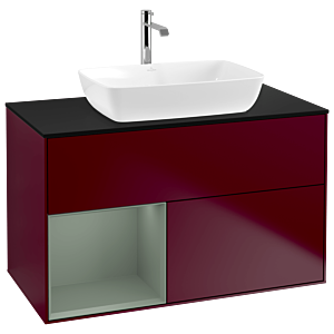 Villeroy und Boch Finion Waschtischunterschrank G772GMHB 100cm, Abdeckplatte black matt, Emotion, Regale Olive matt lacquer, Peony Matt