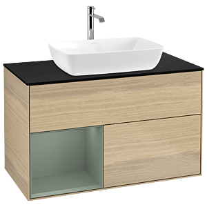 Villeroy und Boch Finion Waschtischunterschrank G772GMPC 100cm, Abdeckplatte black matt, Emotion, Regale Olive matt lacquer, Oak Veneer