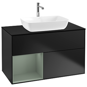 Villeroy und Boch Finion Waschtischunterschrank G772GMPD 100cm, Abdeckplatte black matt, Emotion, Regale Olive matt lacquer, Black matt lacquer