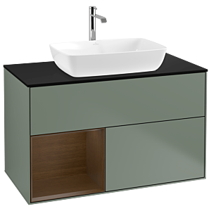 Villeroy und Boch Finion Waschtischunterschrank G772GNGM 100cm, Abdeckplatte black matt, Emotion, Regale Walnut Veneer, Olive Matt Lacquer