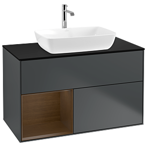 Villeroy und Boch Finion Waschtischunterschrank G772GNHG 100cm, Abdeckplatte black matt, Emotion, Regale Walnut Veneer, Midnight Blue Matt Lacquer