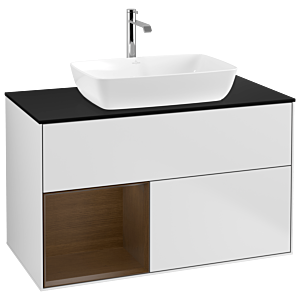Villeroy und Boch Finion Waschtischunterschrank G772GNMT 100cm, Abdeckplatte black matt, Emotion, Regale Walnut Veneer, White matt lacquer