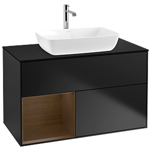 Villeroy und Boch Finion Waschtischunterschrank G772GNPD 100cm, Abdeckplatte black matt, Emotion, Regale Walnut Veneer, Black matt lacquer