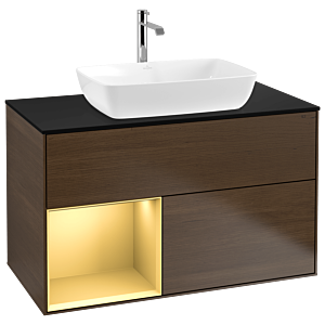 Villeroy und Boch Finion Waschtischunterschrank G772HFGN 100cm, Abdeckplatte black matt, Emotion, Regale Gold matt lacquer, Walnut veneer
