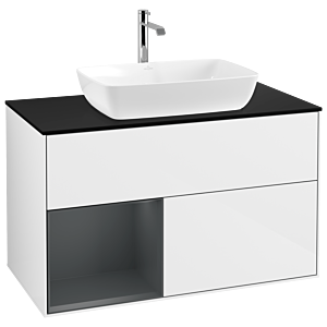 Villeroy und Boch Finion Waschtischunterschrank G772HGGF 100cm, Abdeckplatte black matt, Emotion, Regale Midnight matt lacquer, Glossy white lacquer