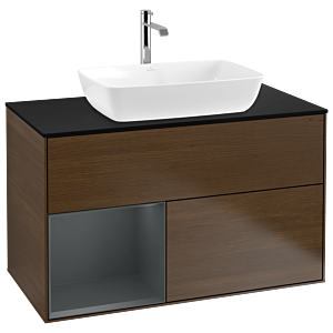 Villeroy und Boch Finion Waschtischunterschrank G772HGGN 100cm, Abdeckplatte black matt, Emotion, Regale Midnight matt lacquer, Walnut veneer