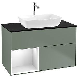 Villeroy und Boch Finion Waschtischunterschrank G772MTGM 100cm, Abdeckplatte black matt, Emotion, Regale White matt lacquer, Olive Matt Lacquer