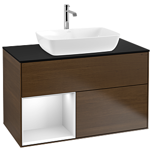 Villeroy und Boch Finion Waschtischunterschrank G772MTGN 100cm, Abdeckplatte black matt, Emotion, Regale White matt lacquer, Walnut veneer