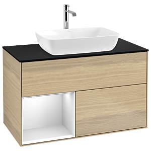 Villeroy und Boch Finion Waschtischunterschrank G772MTPC 100cm, Abdeckplatte black matt, Emotion, Regale White matt lacquer, Oak Veneer